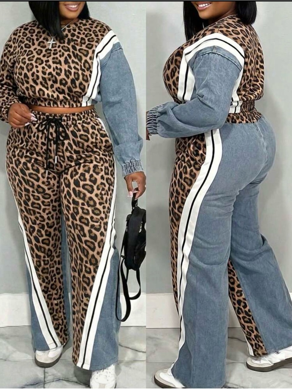CHANEL Two-Tone Leopard Print and Denim Wide-Leg Jumpsuit - Brown/Blue